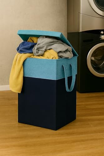 Image of Homerz Premium Folding Laundry Basket for Clothes with lid and handles, 24X17X47 inch size, Laundry Bag Cloth Basket Non Woven Laundry Bin Laundry Bags for Clothes Freestanding (Blue)