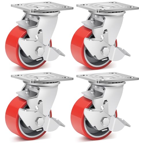 Image of Nefish 4 Inch Industrial Casters Set of 4, Heavy Duty Casters with Brake 3200 Lbs, No Noise Polyurethane Wheel on Steel Hub, Swivel Plate Caster Wheels for Toolbox Workbench (4 Swivel & Brakes)