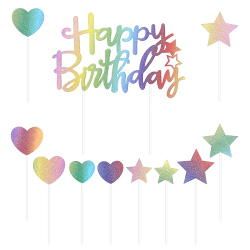 11 Stück Happy Birthday Tortendeko Geburtstag Set, Glitzernde Geburtstagsparty Kuchen dekoration, Stern Kuchen dekoration, Cake Topper Happy Birthday aus Holz, Kuchen Deko für Mädchen, Jungen