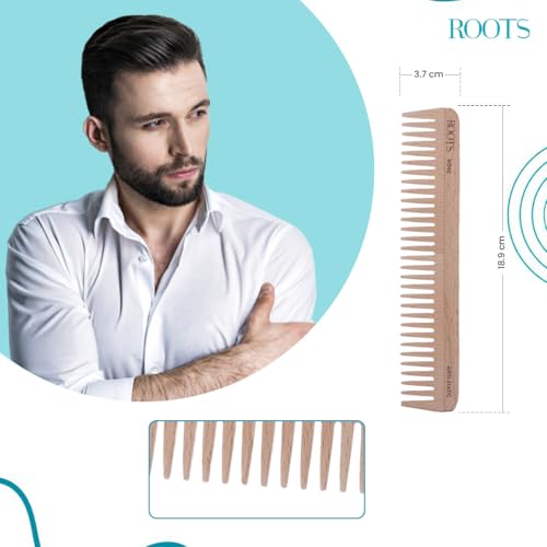 Image of ROOTS Wooden Comb | Wide Teeth | Rounded Teeth prevent Hair & Scalp damage | 100% Natural Wood | Anti-Frizz & Shine | For Long, Thick & Dry Hair | For Men & Women | Length - 7.4 Inch, Model No - WD90