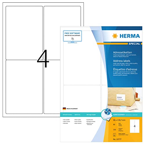 Herma 10777 - Adesivi Per Indirizzi Per Stampanti A Getto D'Inchiostro, Formato Din A4 (96 X 139,7 Mm, 80 Fogli, Carta Opaca), Autoadesivi, Stampabili