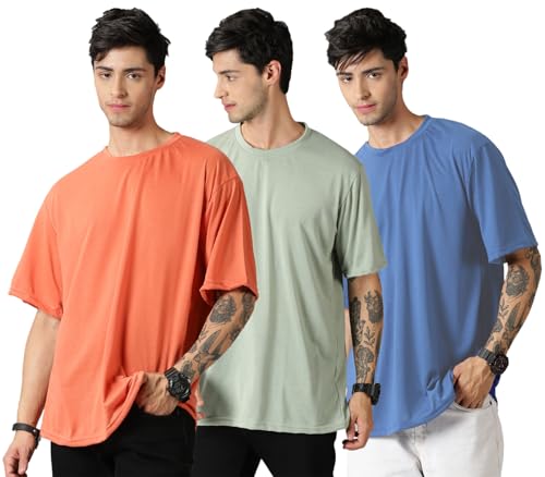 Image of RodZen Oversized Baggy Fit Half Sleeves Round Neck Solid Cotton Blend Combo T-Shirt for Men (Pack of 3)