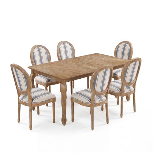 Image of Christopher Knight Home Bilas Extendable Dining Table Set for 6, Expandable Kitchen Table and Dining Chairs Set of 6, Rubberwood Dining Room Table Set for 6, Blue Vertical+Natural