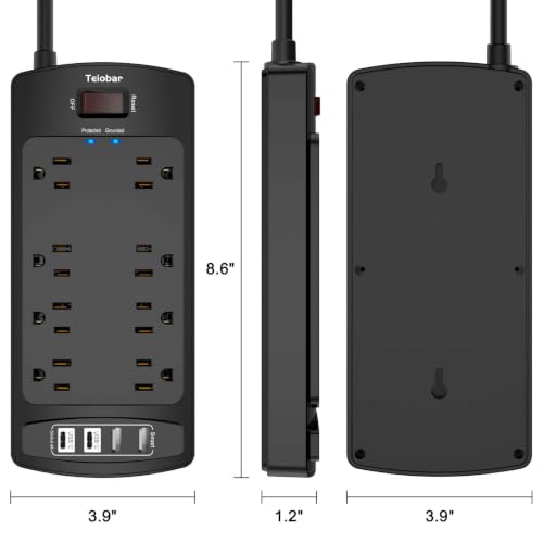 Image of Surge Protector Power Strip - Teiobar Flat Plug Extension Cord with 8 Outlets and 4 USB Ports, 10 Feet Power Cord, 2700 Joules, ETL Listed, Black