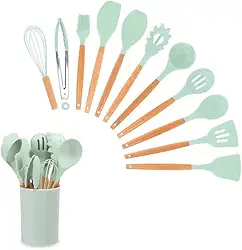 Kit 12 Utensílios de Cozinha em Silicone e Cabo de Madeira. Jogo de Utensílios Resistente ao Calor Antiaderente Premium. Cores (Verde) - Marca Combrex