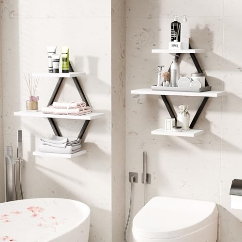 Image of Floating Shelves, Wall Shelf Set of 2, Wall Mounted Shelves, 3-Tier Hanging Wall Shelves for Bathroom, Living Room, Bedroom, Kitchen, Office (White)