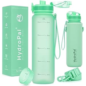 Unistar Water Bottle with Time Marker -Large 34 oz Tritan Bottle & No Sweat Sleeve -Leak Proof Gym Sports Bottle with Fruit Infuser Strainer & Carrying Strap – Gift Package for Christmas