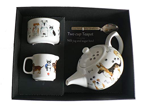 crackinchina Dogs Teapot, Milk jug and Sugar Bowl in Gift Set - Porcelain teapot, with Matching Milk & Sugar in Gift Boxed Package