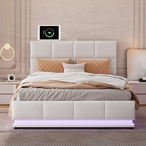 Lift Up Storage Queen Bed With Led Light, Faux Leather Platform Bed With Usb Charging Ports And Bottom Tufted Headboard, Hydraulic Lifting Under Bed Storage, 16 Light Colors, Queen Size, White #TOP2