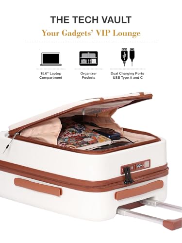 Image of Fur Jaden The Wayfarer 55cm Cabin TechPro Polycarbonate Suitcase I USB-C Charging Port I Laptop Compartment I 8 Silent Shock Absorbing Wheel I TSA Lock I Aviation Grade Trolley (Oyster White, TechPro)