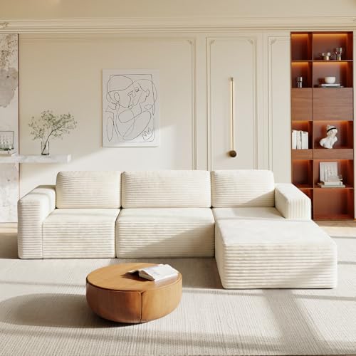 Image of Vesgantti 119 inch L-Shaped Modular Sectional Sofa, Corduroy Cloud Couch with Deep Seating & Spring Support, Flexible Layout Sofa with Ottoman, Boneless Style, No Assembly Required, Beige