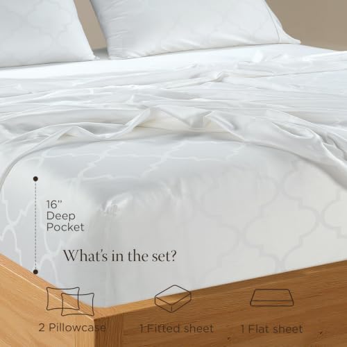 Image of Threadmill 300 Thread Count Cotton King Sheet Set, Sateen, Damask, White | 100% Cotton, Sateen Weave, Damask Pattern, 4-Piece Set, 16 inch Deep Pocket, Breathable, All-Season, Lightweight
