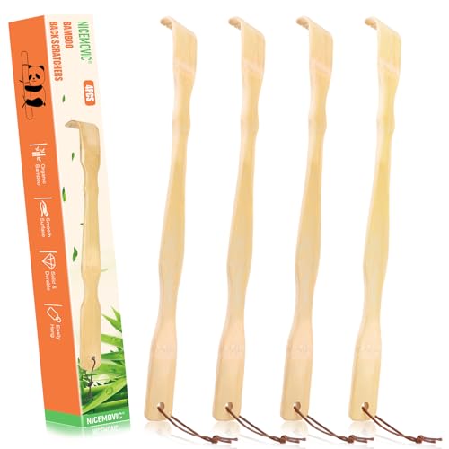 NICEMOVIC 4 Pack Wooden Bamboo Back Scratcher for Men Women Adults Christmas Small Gifts for Grandpa Grandma Seniors Gifts for Elderly Women Men 16.5 Inch Long Handle Back Scratchers