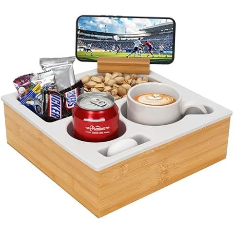 STBoo Couch Cup Holder Tray - Silicone Couch Drink Holder with Bamboo Base | Couch Console Organizer Caddy With Rotatable Phone Holder for Remote, Snacks, Beverages | Use In Bed, Car, Beach, Rv, White Cover