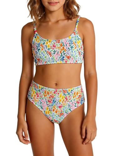 Image of MAKEMECHIC Girl's Ditsy Floral Print 2 Piece Bikini Set Scoop Neck Ruched Triangle Beach Bathing Suit