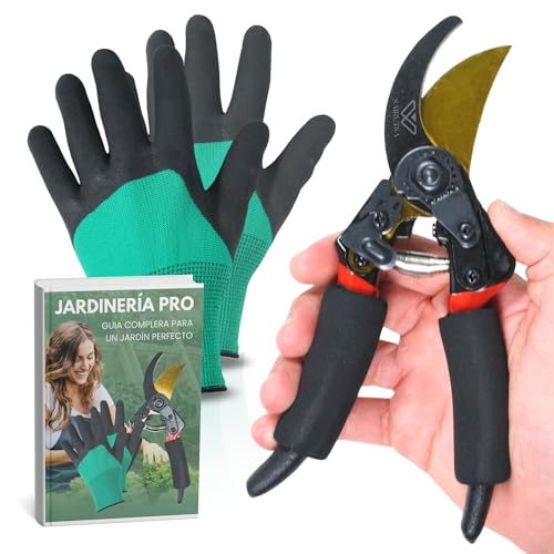 SAIRUTSA Tijeras de podar de mano - Acero inoxidable y Titanio - Guantes de jardineria - Tijeras de Poda Profesionales de Bypass para Plantas - E-book Jardineria - Bolsa de Trasporte - Setos y Flores