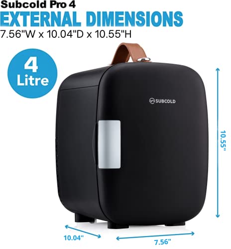 Subcold Pro4 Luxury Mini Fridge Cooler 4 Litre / 6 Cans Ac & Exclusive Usb Eco Power Option | Portable Small Refrigerator For The Office, Bedroom, Car, Travel, Skincare & Cosmetic (Black) #TOP4