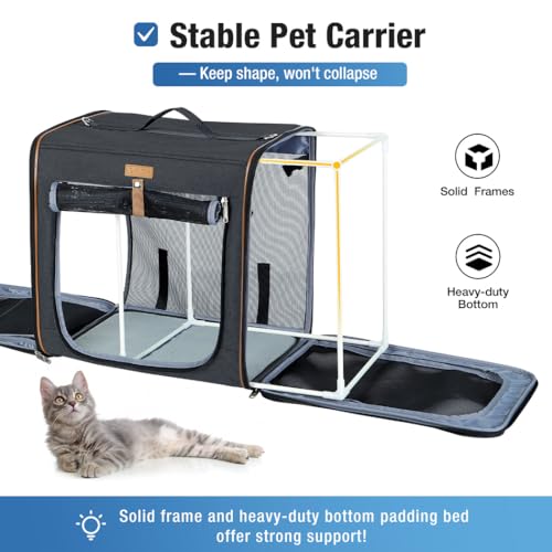 Lekeinchi 2-in-1 Hundebox Transportbox Katze für Mittelgroßes Haustier, Faltbare Katzentransportbox mit Starker Faserrahmen, Katzentoilette, 2 Schalen, 2 Haustiermatte, Medium, Schwarz