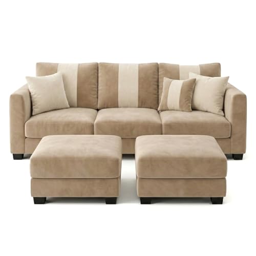 Image of Revo 5 Seater L Shape Sofa Set with 2 Movable Ottomans | Flexible Layout | Luxury Velvet Suede Fabric | Modern Living Room Sofa | Beige