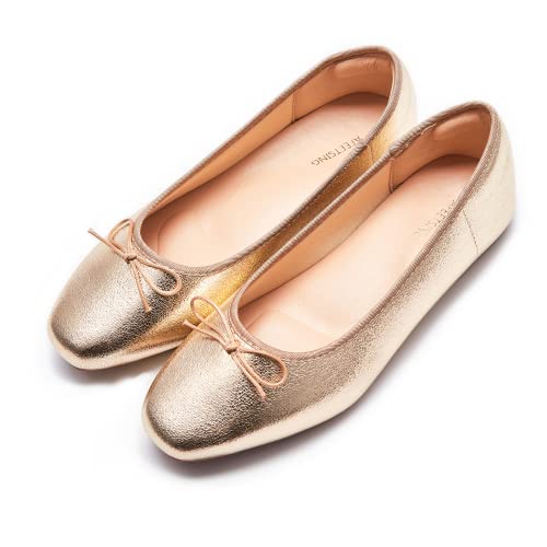 AFEETSING Women's Round Toe Ballet Flats Comfortable Bow Dressy Flats Shoes for Women (A-Gold...