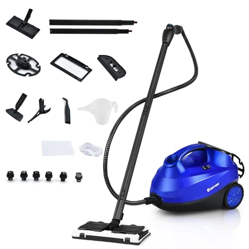 GOPLUS Nettoyeur Vapeur, 19 Accessoires, Pression 4 Bar Puissance 2000W avec Réservoir d'Eau 1,5L, Balai Vapeur pour Tapis, Fenêtre, Verre et Rideau, Bleu