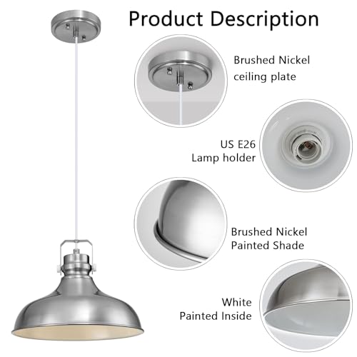 Image of Brushed Nickel Modern Pendant Lights Kitchen Island Fixtures | ETL Certificate,Industrial Adjustable Height Vintage Dome Hanging Light Fixtures for Barn,Dining Room 2 Pack