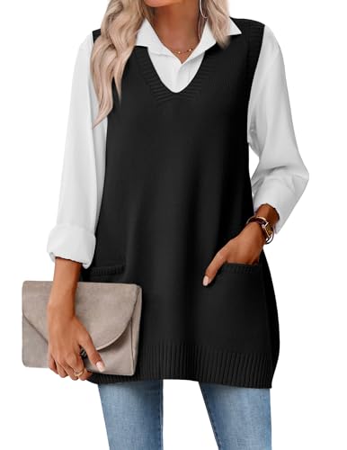 Zeagoo Sweater Vest Dress Women Sleeveless V Neck Sweaters Trendy 2025 Fall Knit Vests with Pockets Black
