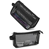 2-Pack Grid Mesh Pencil Case with Handle and Zipper, Double Layer Clear Pencil Pouch, Travel Makeup Bag and Small Toiletry Bag for Purse, Marker Pouch, College Essentials School Supplies (Black)