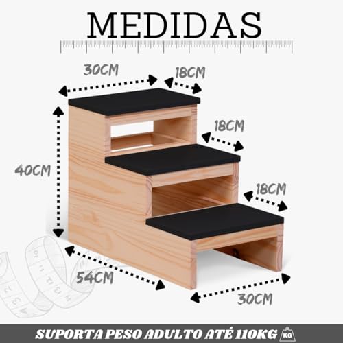 Escada Rampa Cães Gatos 3 Degraus Madeira Subir Cama Preto