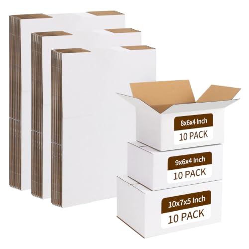 RLAVBL 30 Pack Shipping Boxes Assorted Sizes 8x6x4 & 9x6x4 & 10x7x5, White Corrugated Cardboard Mailers for Packing, Mailing, Business
