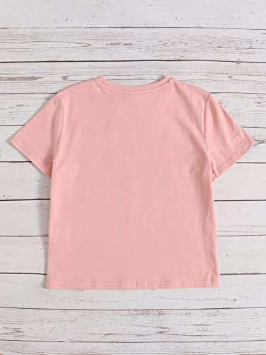 Oyoangle Girl's Cute Butterfly And Floral Print Round Neck Short Sleeve Tee Shirt Tops Coral Pink 11-12Y #TOP1