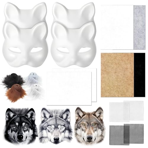 soleim 14 Pcs DIY Wolf Mask Kit – Blank Wolf Mask, Faux Fur, Felt Fabric, and Mesh Sheets for Crafting