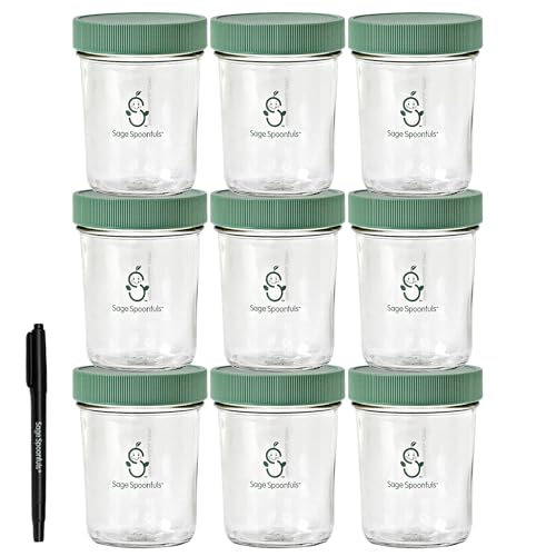 Image of Sage Spoonfuls Baby Food Storage Jars w/Lids (8 oz, 9 Pack) - Reusable Glass Baby Food Jars - Puree, Snack, or Breast Milk Storage Containers - Baby Essentials Must Have - Freezer & Microwave Safe