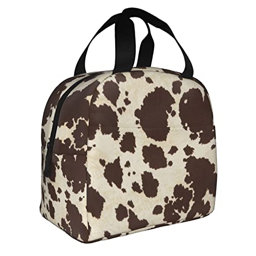 VOOHDDY Cow Print Vintage Brown Insulated Lunch Bag For Men Women Reusable Lunch Box Container Waterproof Portable Cooler Thermal Tote Bag For Work Office Picnic Beach Travel