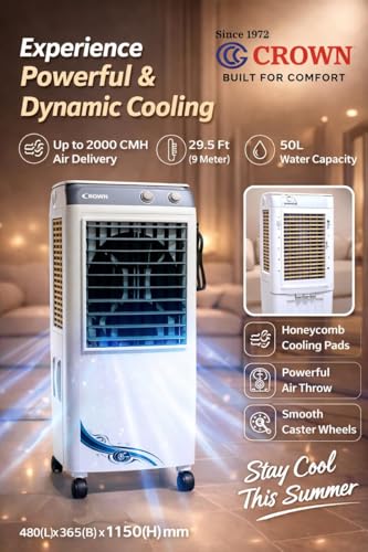 Image of CROWN Sapphire Air Cooler 50 LT / 3 side Honeycomb cooling pad /Large water tank 50L water capacity /Long air Throw /Inverter compatible /2 years comprehensive warranty