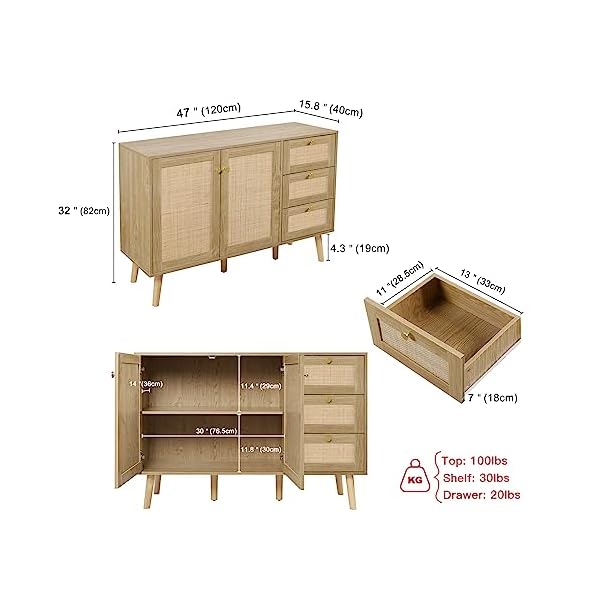 Anmytek rattan sideboard buffet cabinet with 2 doors and 3 drawers buffet cabinet with storage wood credenza storage cabinet for living room dining room hallway kitchen natural oak h0088  urban country home decor