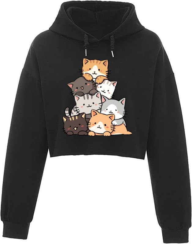 Cats Crop Hoodie Sweatshirt Women Girl Cute Casual Stylish Latest White Black Pink Lavender Beige-image-44