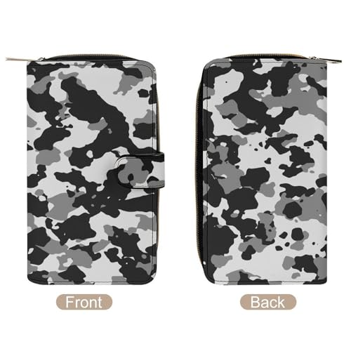 Nugier Women Soft PU Leather Wallet, Zipper Card Case Clutch Credit Bills Money Crash Coin 7.8x4.3x1.4 in Holder Purse Print Seamless Camo Black Gray and White Camouflage Pattern4