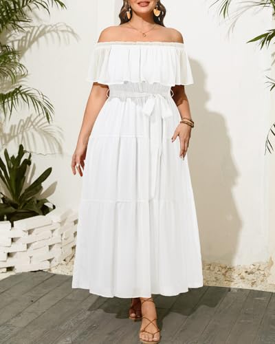Image of Plus Size Chiffon Off The Shoulder Maxi Long Floral Summer Casual Beach Boho Sundress Women 2024