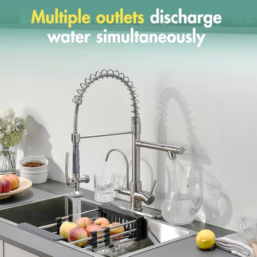 Image of Fapully 3 in 1 Commercial Kitchen Faucet with Sprayer and Water Filler | Brushed Nickel, Kitchen Upgrades,Pull Down Kitchen Sink Faucet with Drinking Water Faucet,llave para fregadero de cocina