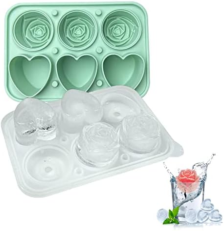 3D Rose & Heart Ice Mold, Large 2 INCH Silicone Ice Cube Tray for Fun Homemade Juice, Ice Ball Maker for Cocktails Whiskey Bourbon, Dishwasher Safe, Green