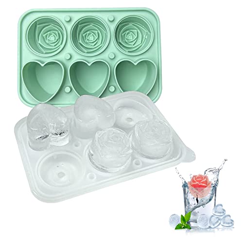 3D Rose & Heart Ice Mold, Large 2 Inch Silicone Ice Cube Tray For Fun Homemade Juice, Ice Ball Maker For Cocktails Whiskey Bourbon, Dishwasher Safe, Green #TOP1