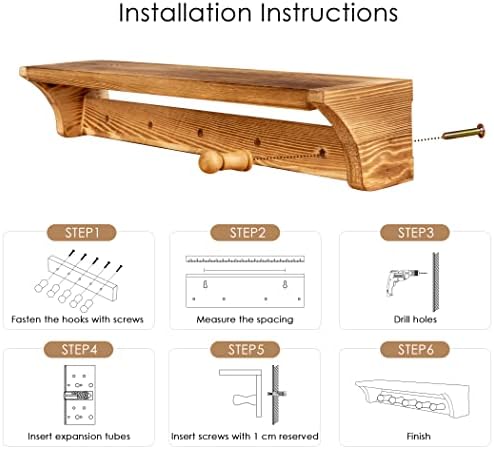 Becko US Wall Mounted Coat Rack, Industrial Wood with 5 Hooks Standard, Size of 16.54×3.94×3.15in (Light Brown)