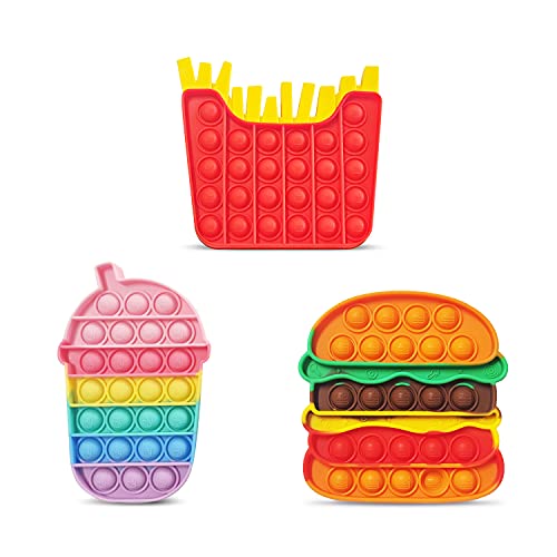 Pop Fidget 3 Pack for Kids and Adults, Push Bubble Its Sensory Pop Fidget for Autism ADHD ADD to Relieve Stress, Pop Pop Bulk of Rainbow Burger&Fries&Coke Shapes