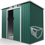 Juskys Casetta per attrezzi M in metallo 4 m³ con tetto a uno spiovente, porta scorrevole e fondamenta - 213 × 130 × 173 cm - verde - Capanno per attrezzi in acciaio Casetta da giardino