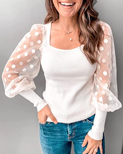 Miduo Women's Knit Tops Solid Scoop Neck Swiss Dot Lace Splicing Long Sleeve Ribbed Knitted Shirts Sweater Tops Blouses For Women White M #TOP5