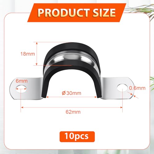 Jeboler 10 Stück U-Rohrschellen Ø 30 mm, 304 Edelstahl Rohrschelle mit polsterung, 2 Löcher U-Typ Rohr Schlauchschnalle Rohrhalterung Befestigungsschelle für Rohrbefestigung
