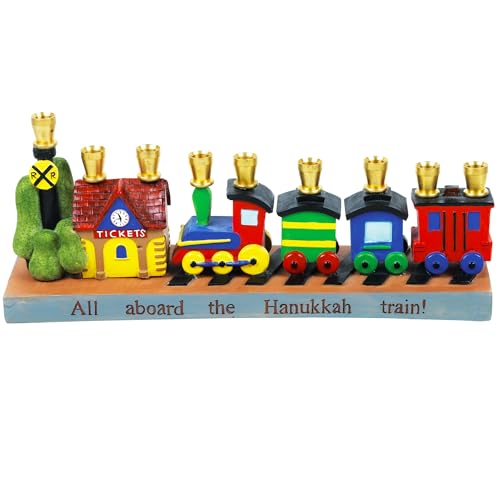 Aviv Judaica Improved 2025 Hanukkah Train Menorah – 3D Polyresin Train Station Design with Brass Candle Cups – Hand-Painted Hanukkah Menorah for Standard Chanukah Candles