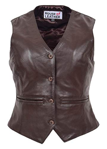 Womens Real Leather Waistcoat Button Fastening Traditional Style Rita (12, Brown)