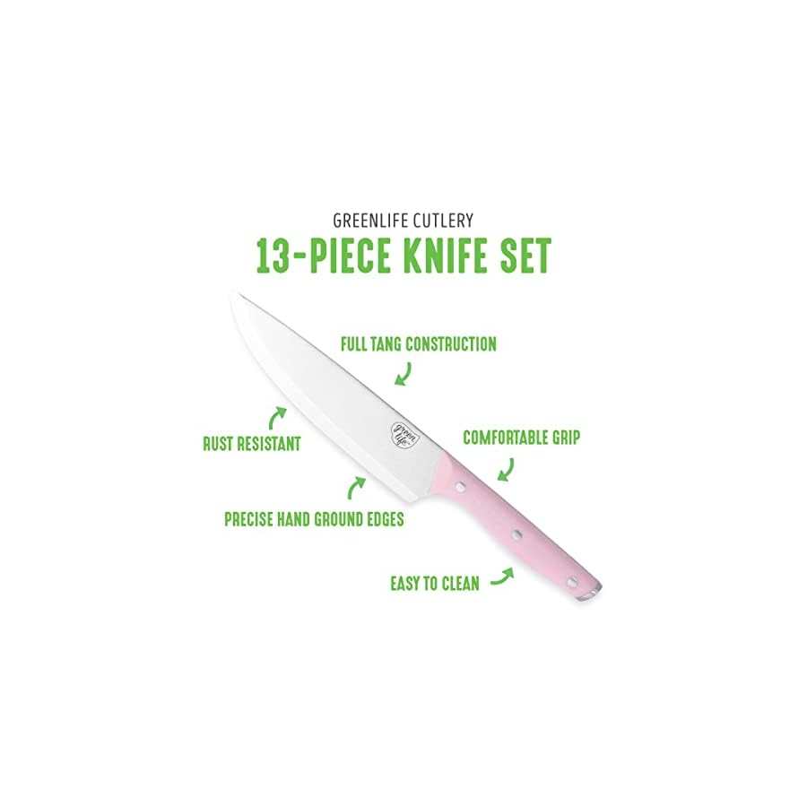 GreenLife-High-Carbon-Stainless-Steel-13-Piece-Wood-Knife-Block-Set-with-Chef-Steak-Knives-and-more-Comfort-Grip-Handles-Triple-Rivet-Cutlery-Soft-Pink GreenLife High Carbon Stainless Steel 13 Piece Wood Knife Block Set with Chef Steak Knives and more, Comfort Grip Handles, Triple Rivet Cutlery, Soft Pink